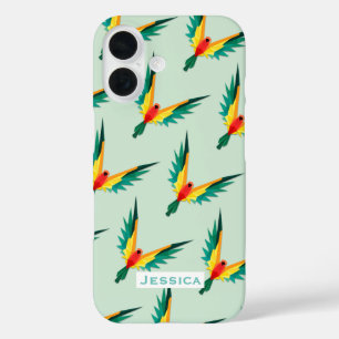 Trendy Tropical Bird Pattern Blau Personalisiert iPhone 16 Hülle