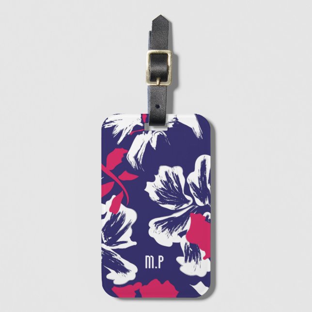 Trendy Tropical Blue Red Floral Pattern Monogram Gepäckanhänger (Vorderseite Vertikal)
