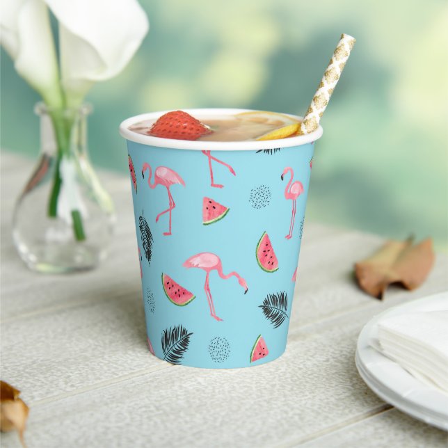 Trendy Tropical Flamingo & Watermelon Muster Pappbecher (In Situ)