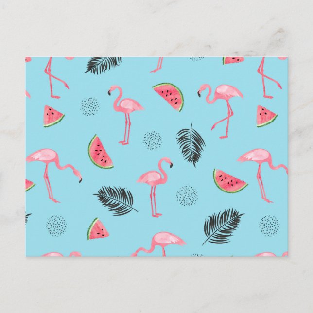 Trendy Tropical Flamingo & Watermelon Muster Postkarte (Vorderseite)