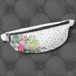 Trendy Tropical Floral Bauchtasche<br><div class="desc">Ein tropisches Design, das die ruhige Schönheit der Natur mit einem spielerischen Rand verbindet. Eine Mischung aus beruhigenden tropischen Blätter, wie Bananenstauden, Palmen, Monstera-Blätter, rosa Princessa-Pflanze, sanftes lila-rosa Orchideengebirge und Protea-Blüte, die mit verschiedenen anderen Blättern verwoben sind. Das Hinzufügen eines lustigen Elements, eines grauen "chaotischen Punktes" oder eines "dalmatinischen Punktes"...</div>