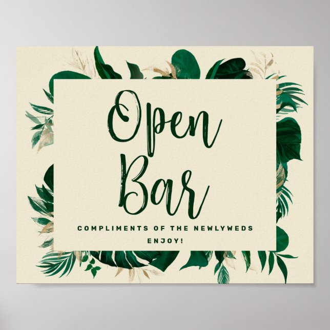 Trendy Tropical Open Bar Wedding Reception Sign Poster (Vorne)