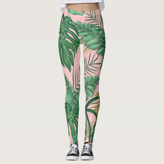 Trendy Tropical Palm Blätter Muster Pink Leggings (Vorderseite)