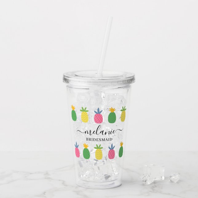 Trendy Tropical Pineaple Bridesmaid Name Acryltrinkbecher (Rückseite Ice)