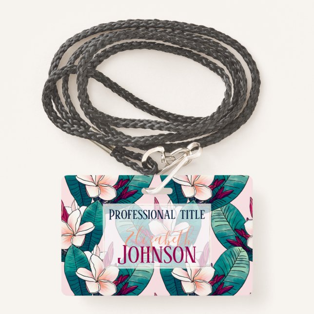 Trendy Tropical Plumeria Blume Grüne Blätter Ausweis (Vorderseite mit Schlüsselband)