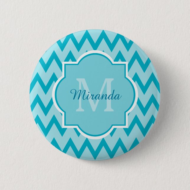 Trendy Türkise Zickzack Zigzag Name und Monogram Button (Vorderseite)