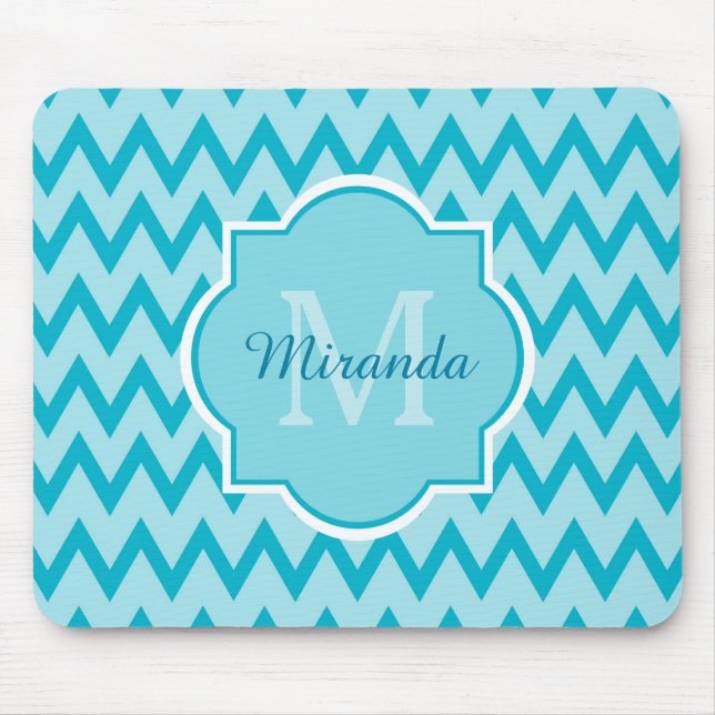 Trendy Türkise Zickzack Zigzag Name und Monogram Mousepad (Vorne)