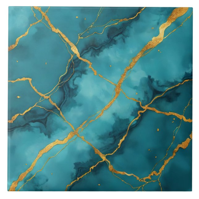 Trendy Turquoise Blue Gold Marmor Collection Fliese (Vorderseite)