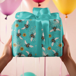 Trendy Turquoise Buzzing Spring & Summer Honeybee Geschenkpapier