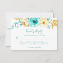 Trendy Turquoise Gold Floral Wedding RSVP Antwort