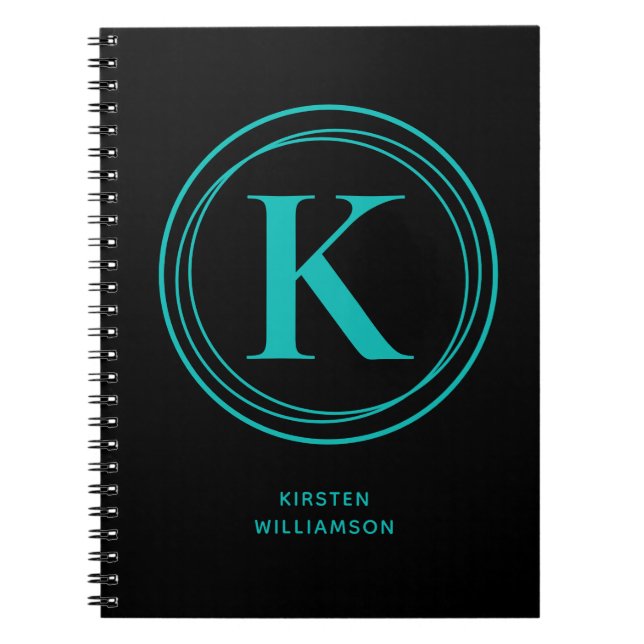Trendy Turquoise Monogram Name Black Notizblock (Vorderseite)