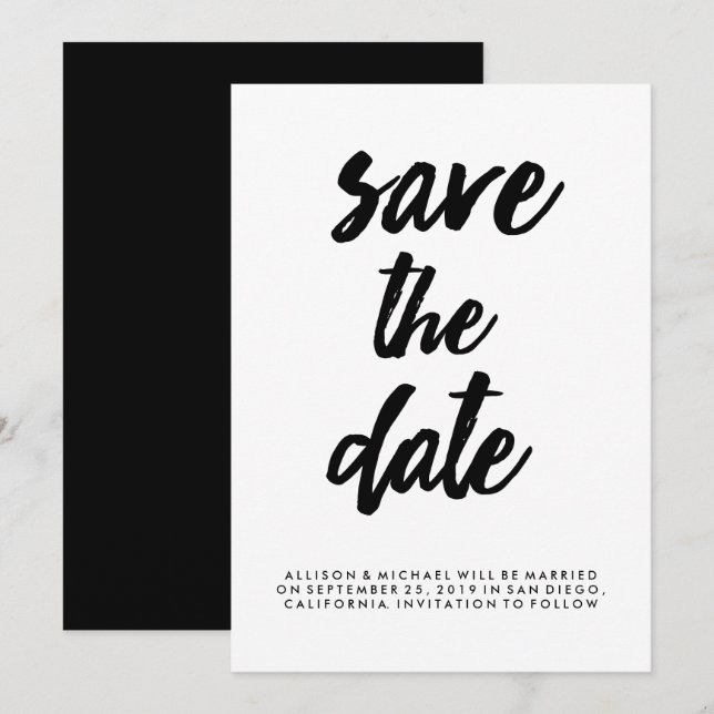 Trendy Typografie Schwarzweiss Save the Date Einladung (Vorne/Hinten)