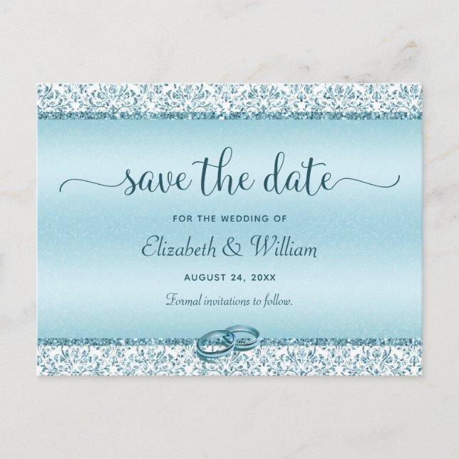 Trendy Typografy Blue Wedding Save the Date Ankündigungspostkarte (Vorderseite)