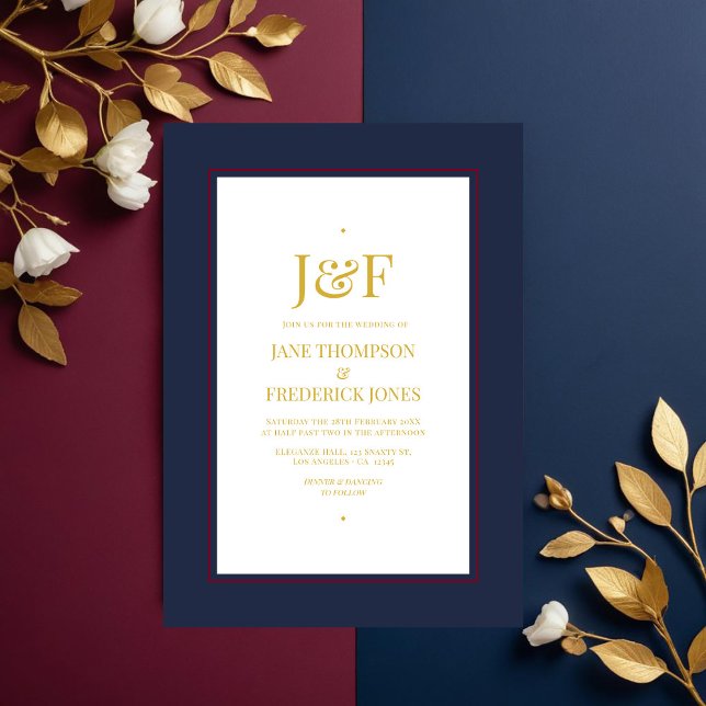 Trendy Typografy Burgundy, Navy und Gold Wedding Einladung (Trendy Typography Burgundy, Navy and Gold Wedding Invitation)