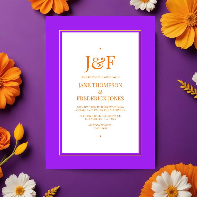 Trendy Typografy Lila, Orange & Yellow Wedding Einladung (Purple, Orange and Yellow Wedding)