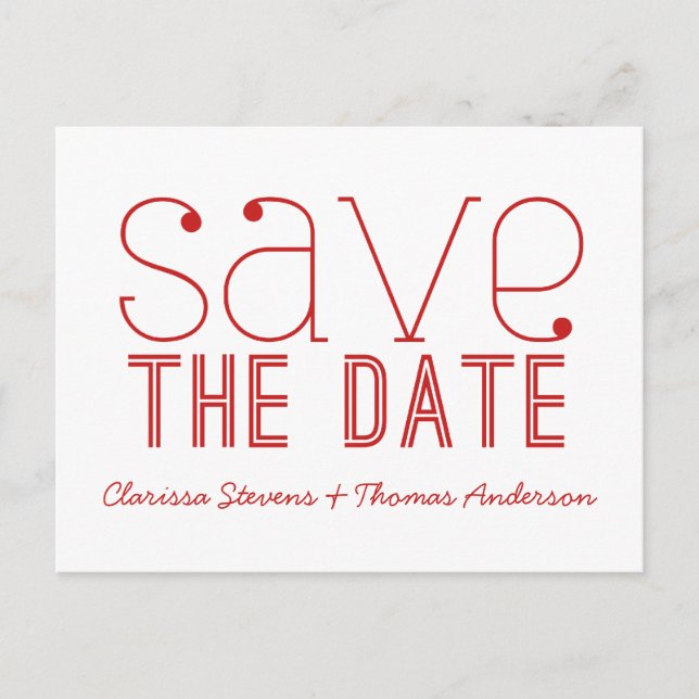 Trendy Typografy Save the Date Postcard, Red Ankündigungspostkarte (Vorderseite)
