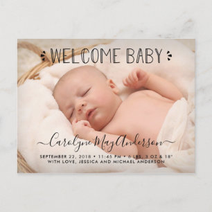 Trendy Typografy "Welcome Baby" Foto Ankündigungspostkarte