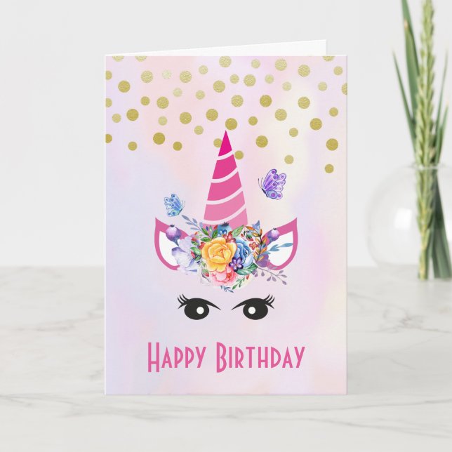 Trendy Unicorn mit Blume Butterflies & Confetti Karte (Vorderseite)