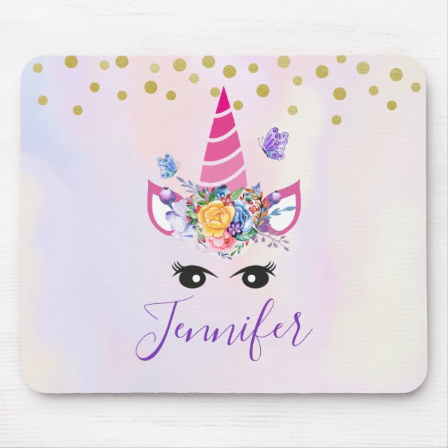 Trendy Unicorn mit Blume Butterflies & Confetti Mousepad (Vorne)