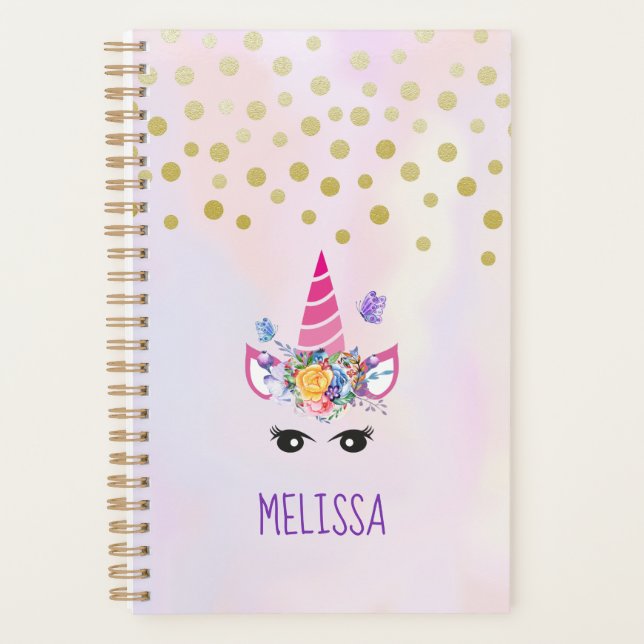 Trendy Unicorn mit Blume Butterflies & Confetti Planer (Vorderseite)