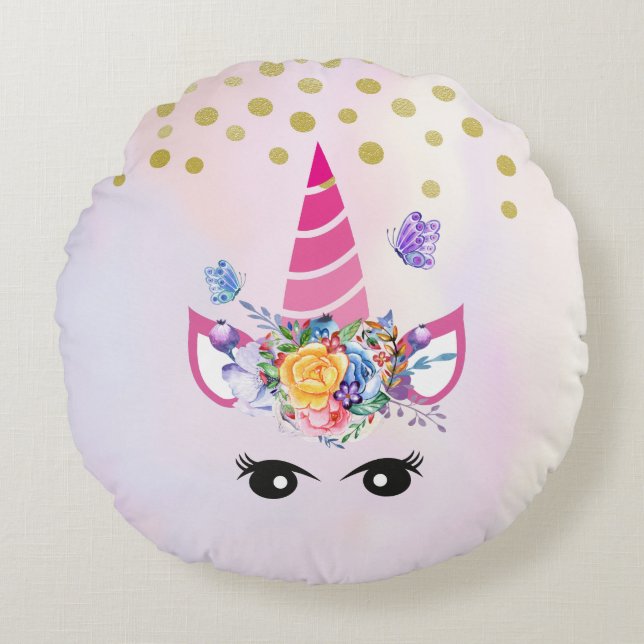 Trendy Unicorn mit Blume Butterflies & Confetti Rundes Kissen (Vorderseite)