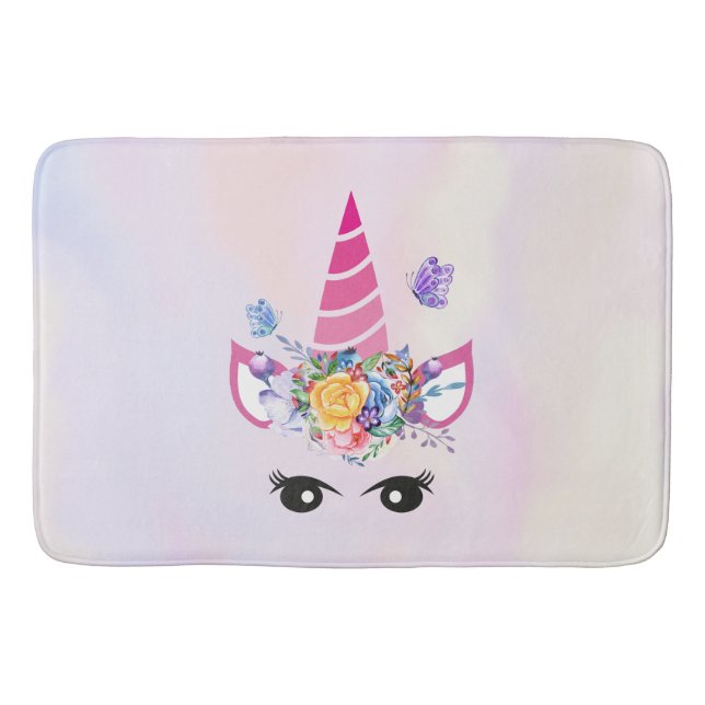 Trendy Unicorn mit Blumenkronen und Schmetterlinge Badematte (Vorderseite)