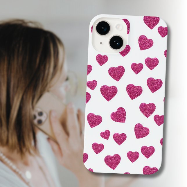 Trendy Valentine Pink Glitter Hearts on White iPhone Hülle (Von Creator hochgeladen)