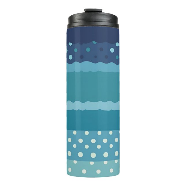 Trendy Vertical Blue Striped and Polka Dot Thermosbecher (Vorderseite)
