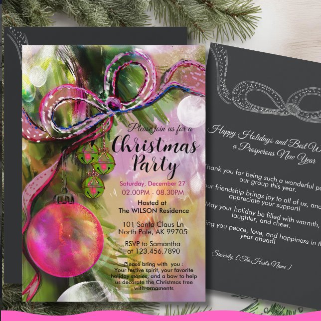 Trendy Vivid Pink Bold Ribbon Christmas Party Einladung (Trendy Vivid Pink Bold Ribbon Christmas Party Invitation)
