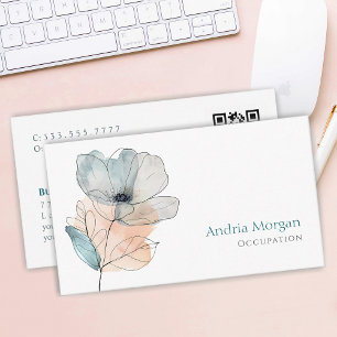 Trendy Watercolor Blume, Name & QR Code, weiß Visitenkarte