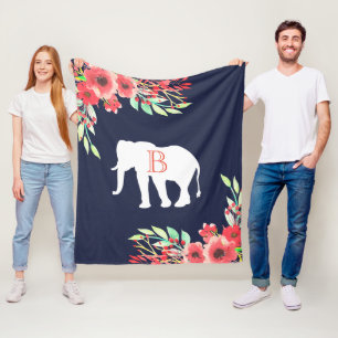 Trendy Watercolor Blume & White Elephant Fleecedecke