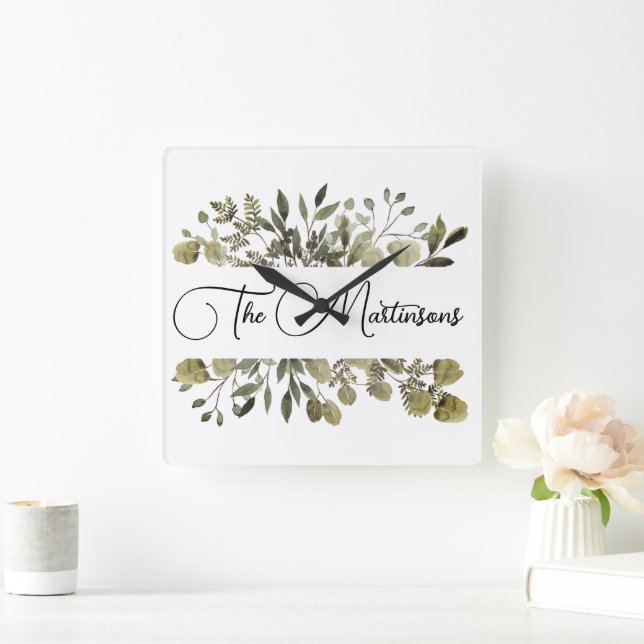 Trendy Watercolor Botanischer Name Quadratische Wanduhr (Zuhause)