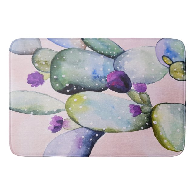 Trendy Watercolor Cactus & Lila Cactus Blossoms Badematte (Vorderseite)