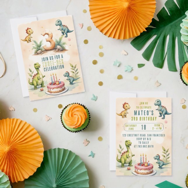 Trendy Watercolor Dreimal Rex Dritter 3d Geburtsta Einladung (Von Creator hochgeladen)