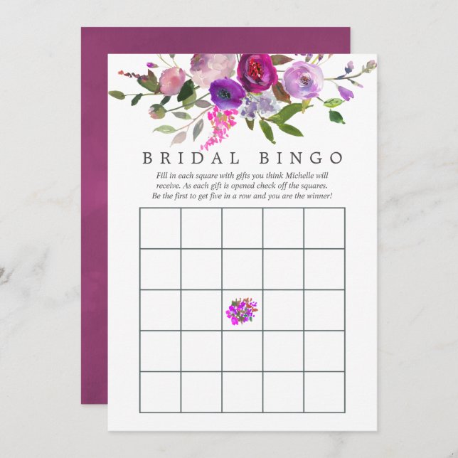 Trendy Watercolor Floral Brautparty Bingo Einladung (Vorne/Hinten)