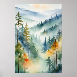 Trendy Watercolor Green Pine Forest Mountain Poster