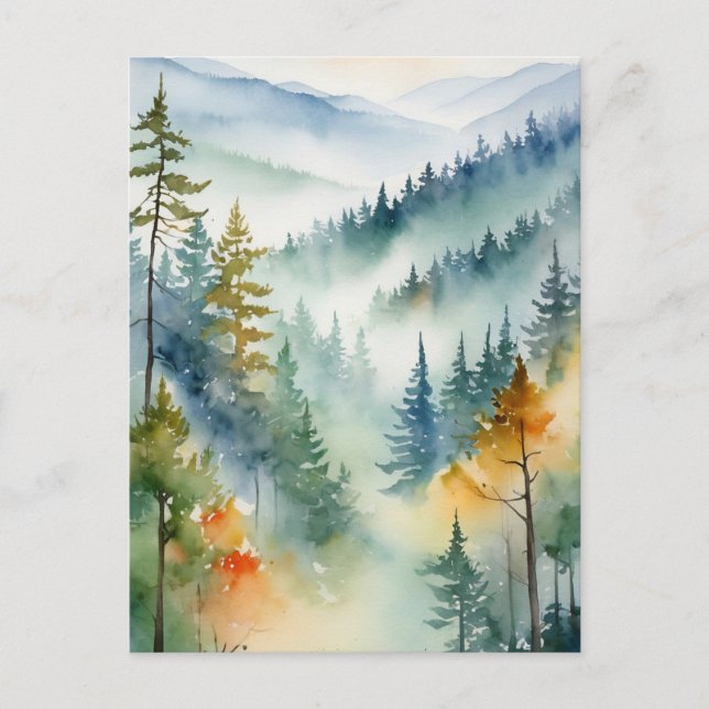 Trendy Watercolor Green Pine Forest Mountain Postkarte (Vorderseite)