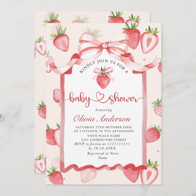Trendy Watercolor Meadow Strawberry Babydusche Einladung (Vorne/Hinten)