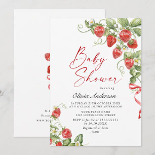 Trendy Watercolor Meadow Strawberry Babydusche Einladung