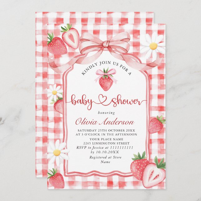 Trendy Watercolor Meadow Strawberry Babydusche Einladung (Vorne/Hinten)