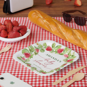 Trendy Watercolor Meadow Strawberry Babydusche Pappteller