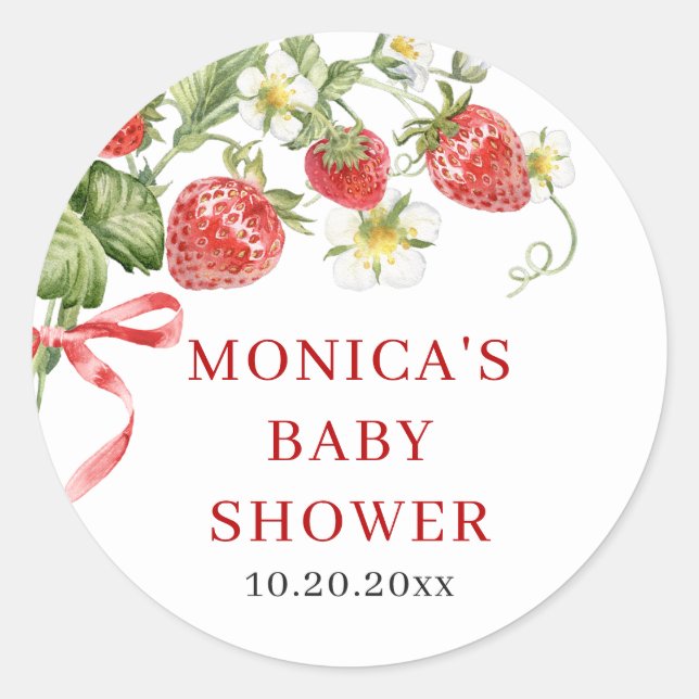 Trendy Watercolor Meadow Strawberry Babydusche Runder Aufkleber (Vorderseite)