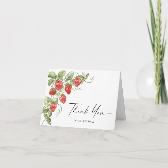 Trendy Watercolor Meadow Strawberry Dankeskarte (Vorderseite)