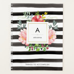 Trendy Watercolor Peony Blume Schwarze Streifen Planer