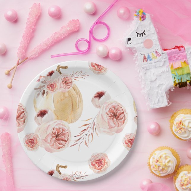 Trendy Watercolor Pumpkin & Blume | Herbst Pappteller (Party)