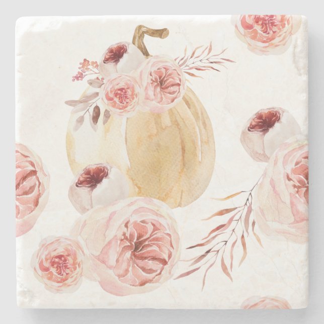Trendy Watercolor Pumpkin & Blume | Herbst Steinuntersetzer (Vorderseite)
