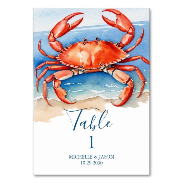 Trendy Watercolor Red Crab Nautic Tischnummer (Vorderseite)