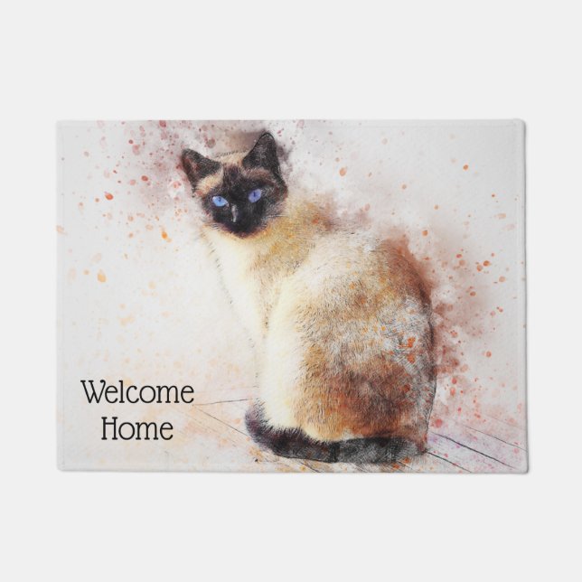 Trendy Watercolor-siamesische Katze personalisiert Fußmatte (Vorderseite)