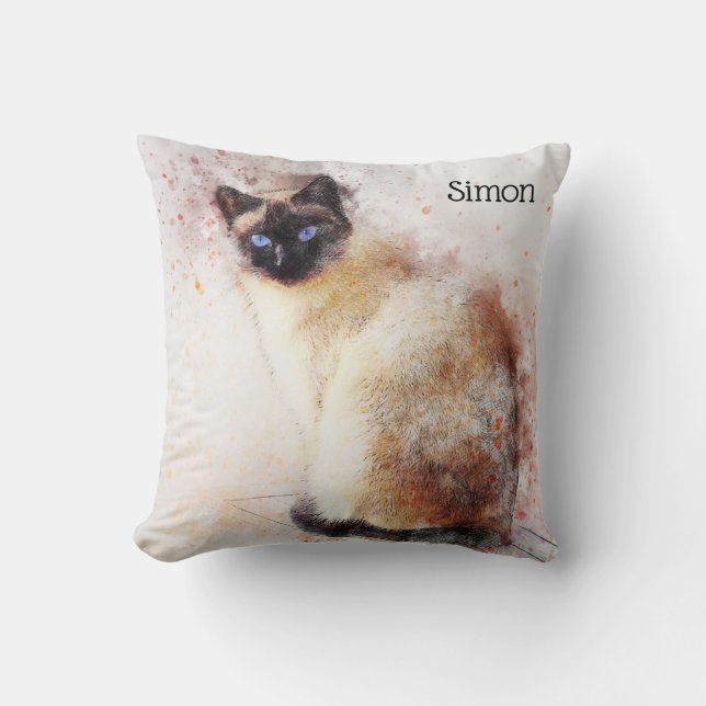 Trendy Watercolor-siamesische Katze personalisiert Kissen (Vorderseite)