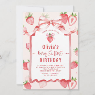 Trendy Watercolor Strawberry Baby First Birthday Einladung